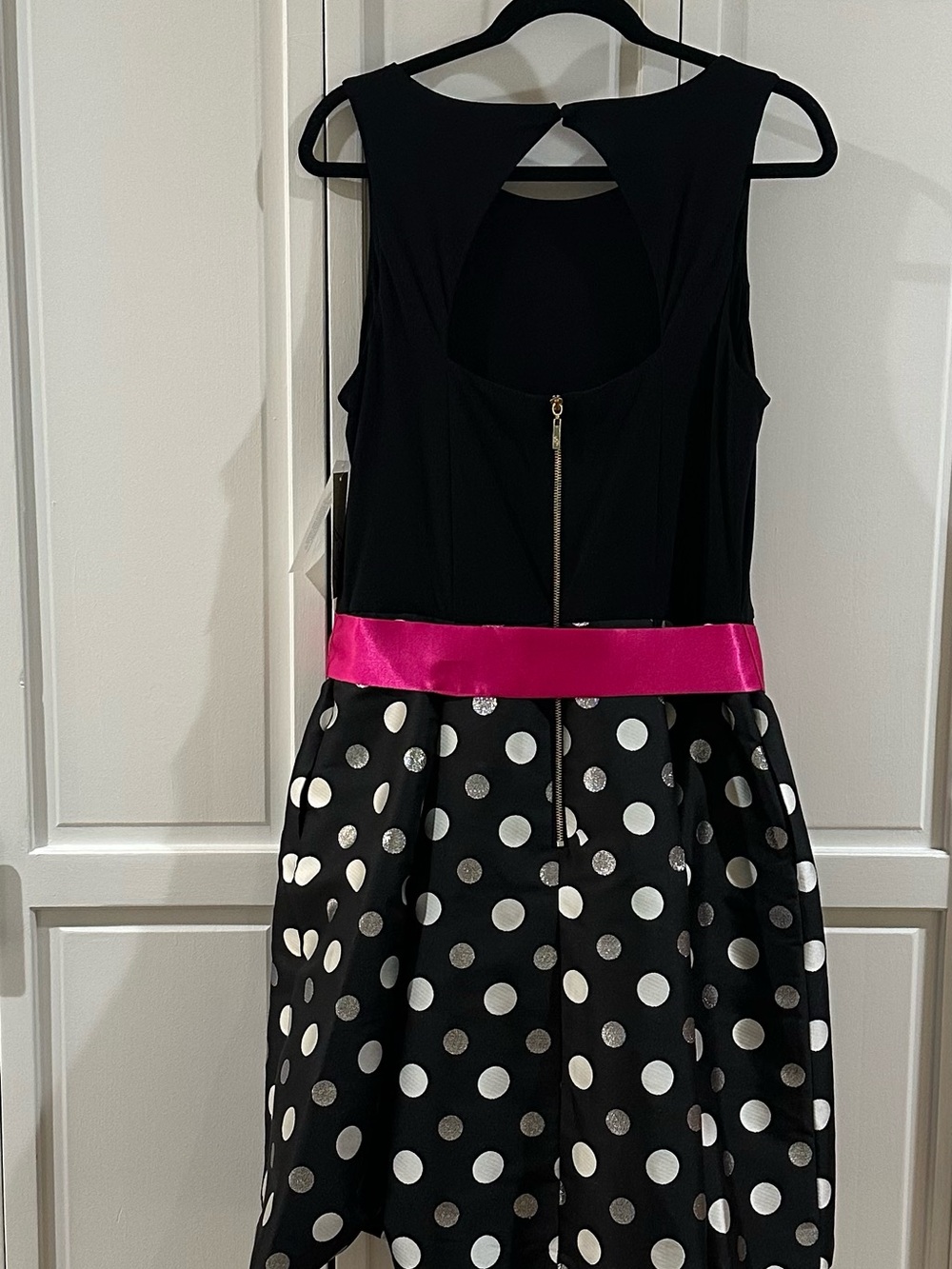 Eliza J Black Polka Dot Party Dress with Hot Pink Sash, NWT, Size 14 - Picture 2 of 7